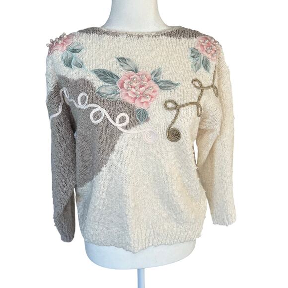 Vintage Private Party Cream Tan Floral Boatneck Sweater Beaded Medium Coquette - Picture 1 of 5